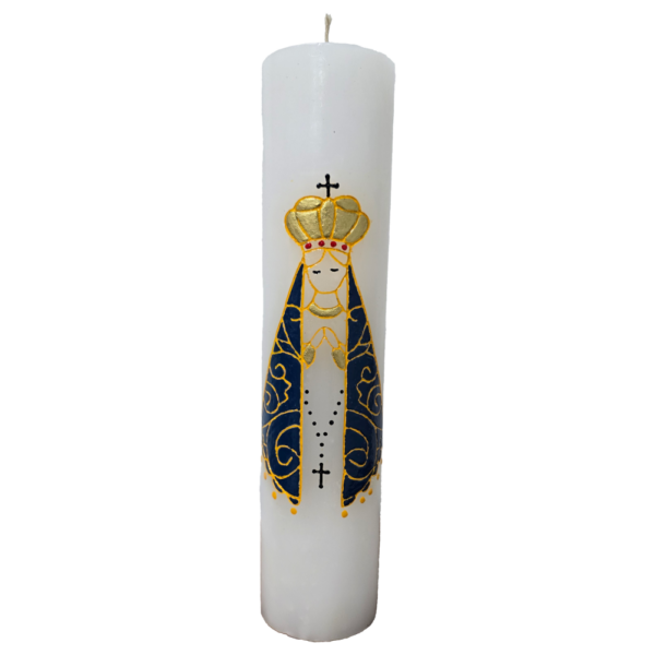 Vela Branca Entalhada 30x7 Nsa Aparecida Manto Azul
